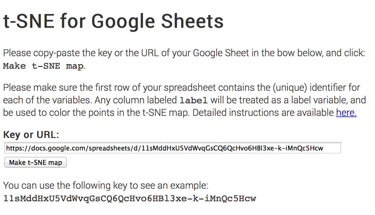 Inserting the Google Sheet link into the t-SNE app