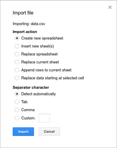 Import screen in Google Sheets